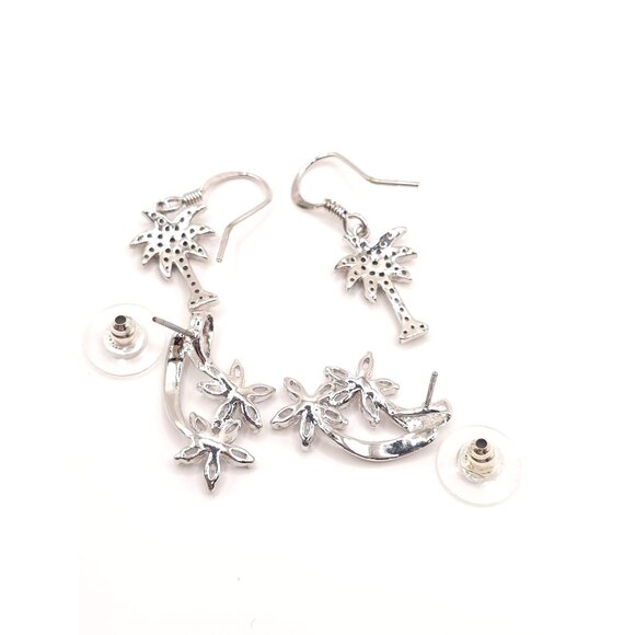 Set Of 2 Nature-Inspired Earrings: Floral Clip-On & Palm Tree Drop Style - Picture 4 of 10